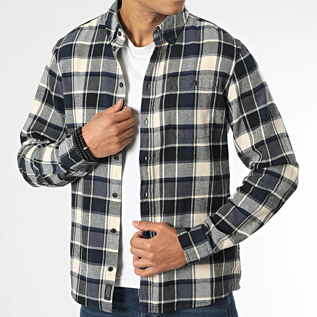 Meilleure affaire ❤️ Chemise Manches Longues A Carreaux 20715557 Bleu Marine Beige de Blend 🎉