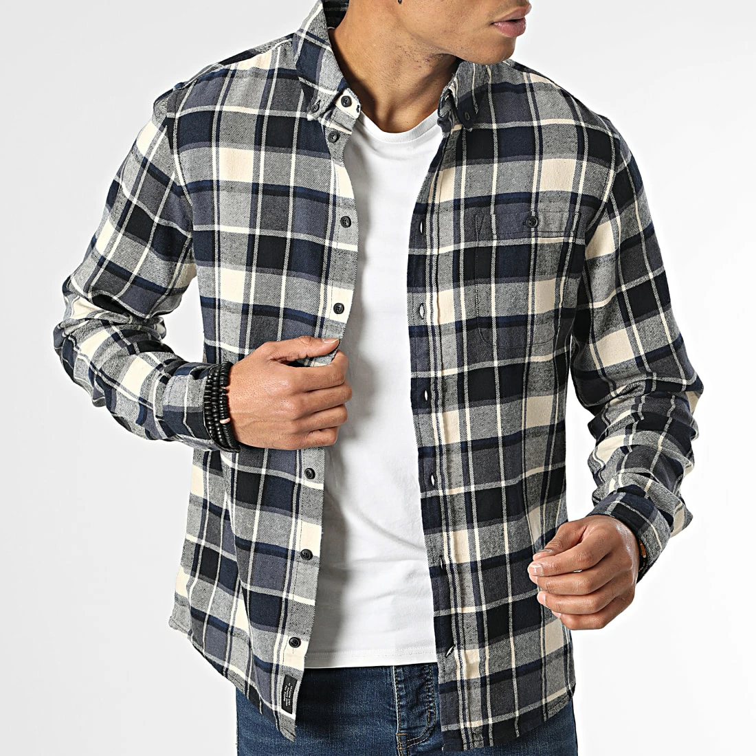 Meilleure affaire ❤️ Chemise Manches Longues A Carreaux 20715557 Bleu Marine Beige de Blend 🎉 – Image 3