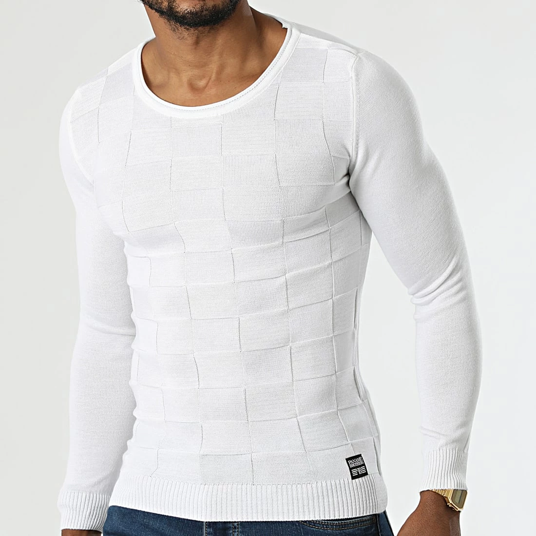 Grosses soldes đ Pull A Carreaux PNM-215 Blanc de Paname Brothers â€ïž