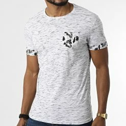 De gros 😀 Tee 👕 Shirt A Poche Poitrine Tik Blanc Chiné Floral de Paname Brothers ⭐